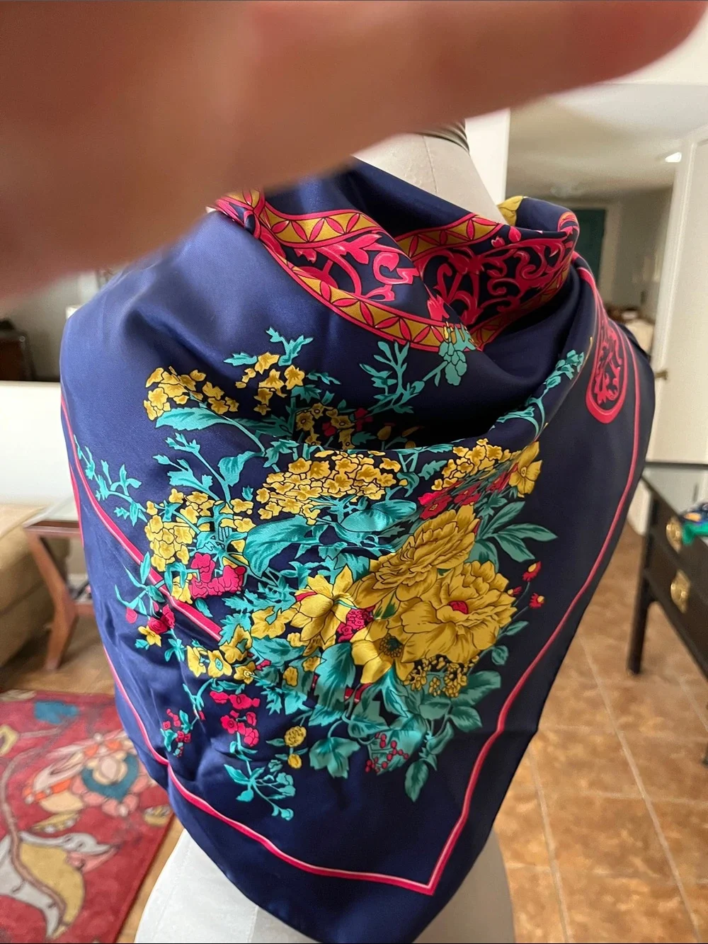 Navy Asian Floral Silk-Feel Square Scarf
